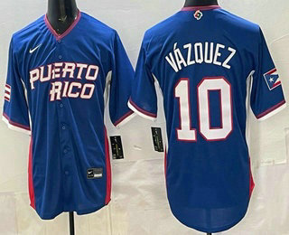 Men's Puerto Rico #10 Christian Vazquez Blue 2026 World Baseball Classic Cool Base Jersey