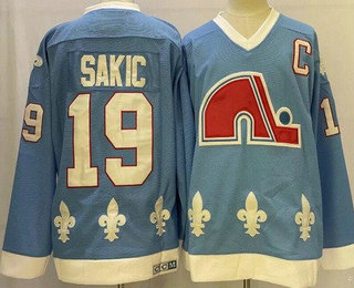 Men's Quebec Nordiques #19 Joe Sakic Light Blue Throwback Stitched Jersey