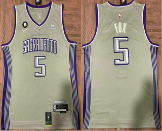 Men's Sacramento Kings #5 DeAaron Fox Grey 6 Patch Nike Swingman Stitched Jersey With Sponsor