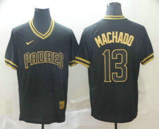 Men's San Diego Padres #13 Manny Machado Black Gold Nike Cooperstown Legend V Neck Jersey