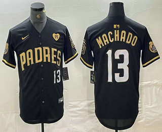 Men's San Diego Padres #13 Manny Machado Black Gold With Patch Cool Base Stitched Baseball Jersey