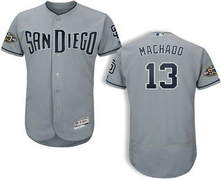 Men's San Diego Padres #13 Manny Machado Gray Road Stitched 50th Anniversary Patch Flex Base Jersey