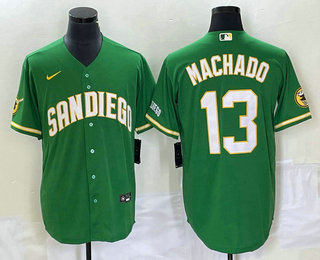 Men's San Diego Padres #13 Manny Machado Green Cool Base Stitched Baseball Jersey 02