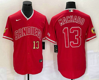 Men's San Diego Padres #13 Manny Machado Number Red NEW 2023 Cool Base Stitched Jersey 01