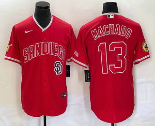 Men's San Diego Padres #13 Manny Machado Red NEW 2023 Cool Base Stitched Jersey 01