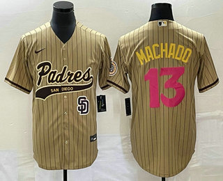 Men's San Diego Padres #13 Manny Machado Tan Pinstripe 2023 City Connect Cool Base Stitched Jersey 11