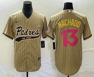 Men's San Diego Padres #13 Manny Machado Tan Pinstripe 2023 City Connect Cool Base Stitched Jersey 12