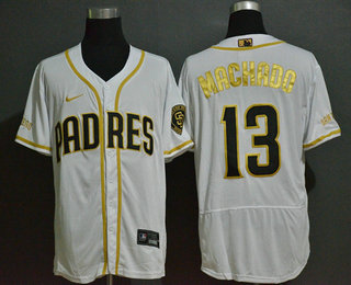 Men's San Diego Padres #13 Manny Machado White Golden Stitched MLB Flex Base Nike Jersey