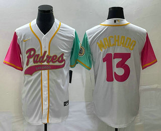 Men's San Diego Padres #13 Manny Machado White NEW 2023 City Connect Cool Base Stitched Jersey 01