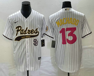 Men's San Diego Padres #13 Manny Machado White Pinstripe 2023 City Connect Cool Base Stitched Jersey 11