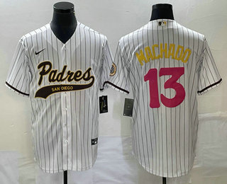 Men's San Diego Padres #13 Manny Machado White Pinstripe 2023 City Connect Cool Base Stitched Jersey 12