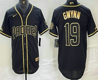 Men's San Diego Padres #19 Tony Gwynn Black Gold Cool Base Jersey