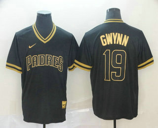 Men's San Diego Padres #19 Tony Gwynn Black Gold Nike Cooperstown Legend V Neck Jersey