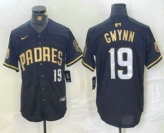 Men's San Diego Padres #19 Tony Gwynn Black Gold Player Number Cool Base Jersey