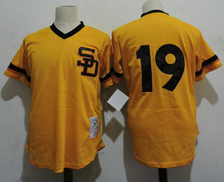 Men's San Diego Padres #19 Tony Gwynn Gold Mesh Batting Practice 1982 Throwback Jersey by Mitchell & Ness