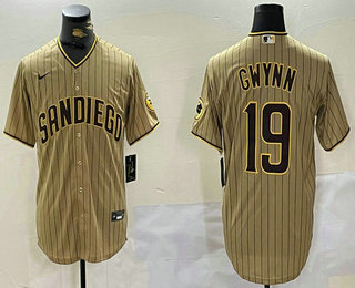 Men's San Diego Padres #19 Tony Gwynn Khaki Team Logo Cool Base Jersey