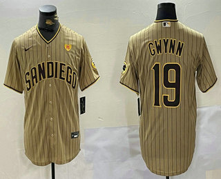 Men's San Diego Padres #19 Tony Gwynn Khaki With PS Patch Team Logo Cool Base Jersey