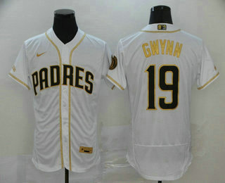 Men's San Diego Padres #19 Tony Gwynn White With Gold Stitched MLB Flex Base Nike Jersey