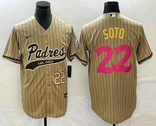 Men's San Diego Padres #22 Juan Soto Number Tan Pinstripe 2023 City Connect Cool Base Stitched Jersey 11