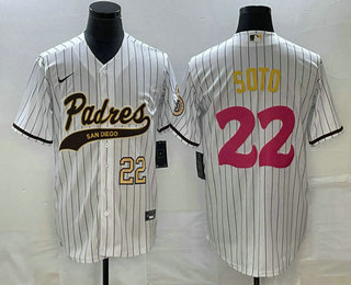 Men's San Diego Padres #22 Juan Soto Number White Pinstripe 2023 City Connect Cool Base Stitched Jersey 11