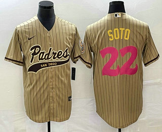 Men's San Diego Padres #22 Juan Soto Tan Pinstripe 2023 City Connect Cool Base Stitched Jersey 11