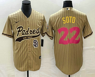 Men's San Diego Padres #22 Juan Soto Tan Pinstripe 2023 City Connect Cool Base Stitched Jersey 12