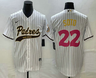 Men's San Diego Padres #22 Juan Soto White Pinstripe 2023 City Connect Cool Base Stitched Jersey 11