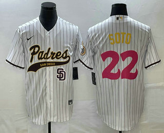 Men's San Diego Padres #22 Juan Soto White Pinstripe 2023 City Connect Cool Base Stitched Jersey 12