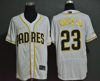 Men's San Diego Padres #23 Fernando Tatis Jr. White Golden Stitched MLB Flex Base Nike Jersey