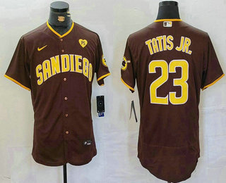 Men's San Diego Padres #23 Fernando Tatis Jr Brown With PS Patch Stitched Flex Base Jersey