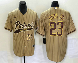 Men's San Diego Padres #23 Fernando Tatis Jr Number Tan NEW 2023 Cool Base Stitched Jersey 01