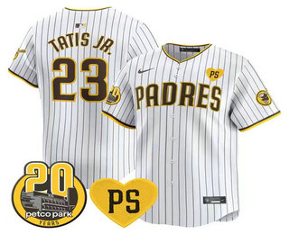 Men's San Diego Padres #23 Fernando Tatis Jr White For Peter And Petco Park 20th Patch Limited Stitched Jersey