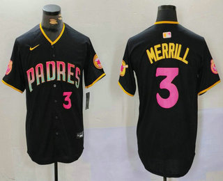 Men's San Diego Padres #3 Jackson Merrill Black Player Number Fashion Baseball Jersey