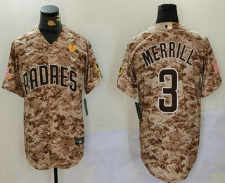 Men's San Diego Padres #3 Jackson Merrill Camo With PS Patch Cool Base Stitched Jersey