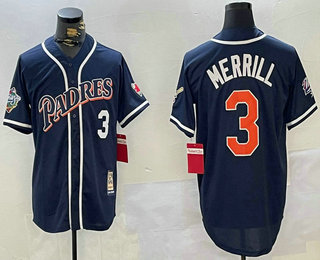 Men's San Diego Padres #3 Jackson Merrill Navy Player Number Cooperstown Cool Base Jersey