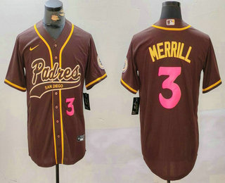 Men's San Diego Padres #3 Jackson Merrill Number Brown Cool Base Stitched Baseball Jersey