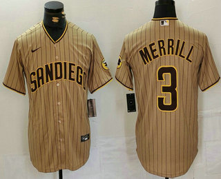 Men's San Diego Padres #3 Jackson Merrill Tan NEW 2023 Cool Base Stitched Jersey