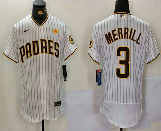 Men's San Diego Padres #3 Jackson Merrill White With PS Patch Stitched Flex Base Jersey