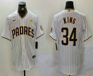 Men's San Diego Padres #34 Michael King White Team Logo With PS Patch Stitched Cool Base Nike Jersey