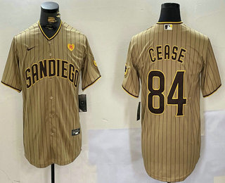 Men's San Diego Padres #84 Dylan Cease Khaki Team Logo With PS Patch Stitched Cool Base Nike Jersey