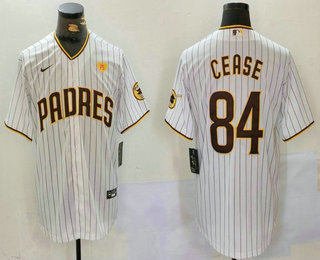 Men's San Diego Padres #84 Dylan Cease White Team Logo With PS Patch Stitched Cool Base Nike Jersey