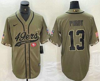 Men's San Francisco 49ers #13 Brock Purdy 2022 Olive Salute to Service Cool Base Stitched Baseball Jersey