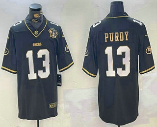 Men's San Francisco 49ers #13 Brock Purdy Black Gold With 75th Patch Stitched Jersey