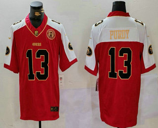 Men's San Francisco 49ers #13 Brock Purdy Red Gold FUSE Gate Bridge Patch Vapor Limited Stitched Jersey