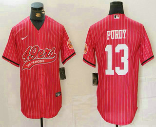 Men's San Francisco 49ers #13 Brock Purdy Red Pinstripe With Patch Cool Base Stitched Baseball Jersey