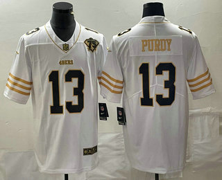 Men's San Francisco 49ers #13 Brock Purdy White 75th Patch Golden Edition Stitched Nike Limited Jersey