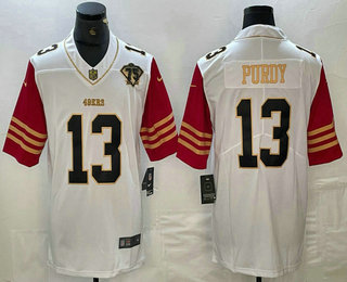 Men's San Francisco 49ers #13 Brock Purdy White 75th Patch Golden Edition Stitched Nike Limited Jersey