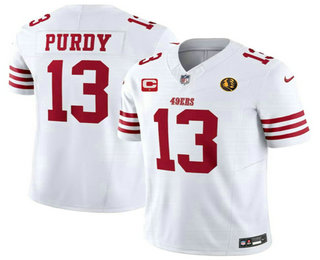 Men's San Francisco 49ers #13 Brock Purdy White C And John Madden Patch 2023 FUSE Vapor Limited Stitched Jersey