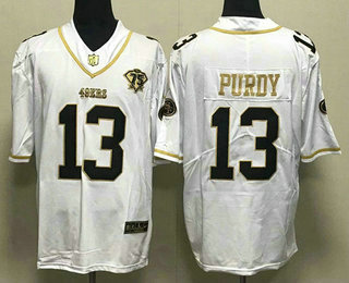 Men's San Francisco 49ers #13 Brock Purdy White Gold With 75th Anniversary Patch Stitched Jersey