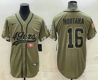 Men's San Francisco 49ers #16 Joe Montana 2022 Olive Salute to Service Cool Base Stitched Baseball Jersey